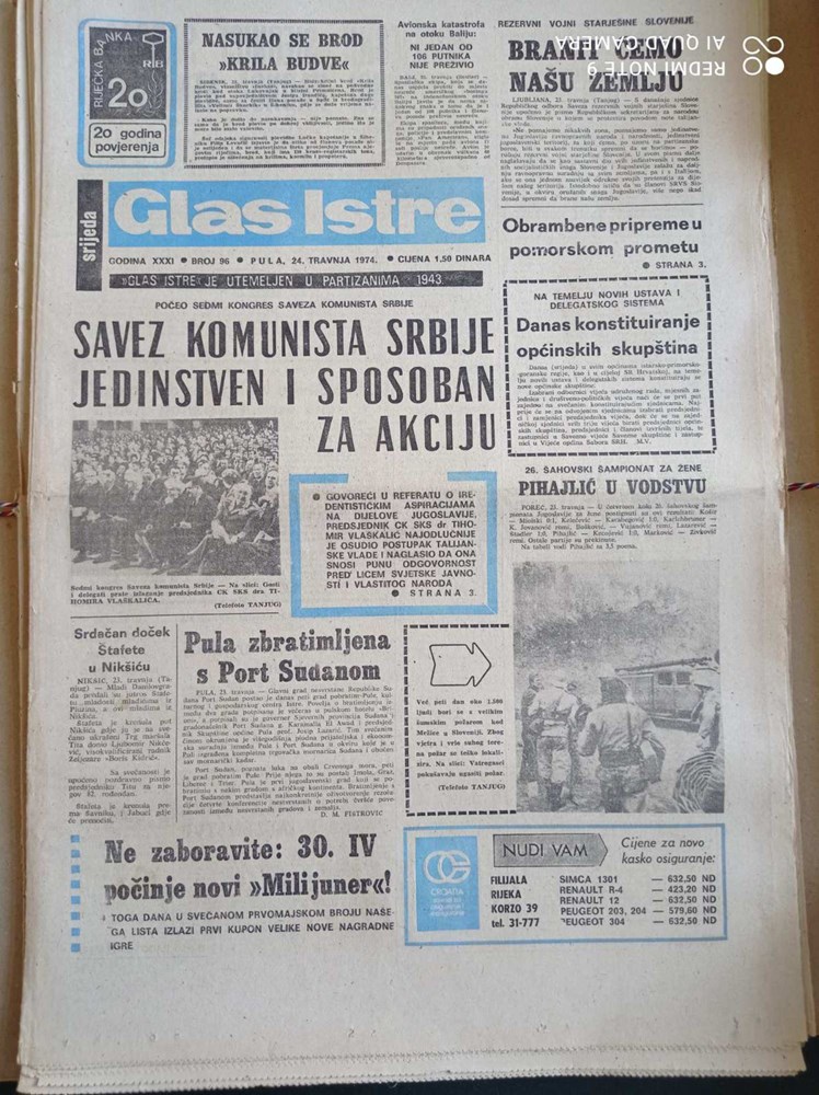 Članak objavljen u Glasu Istre 24. travnja 1974. 